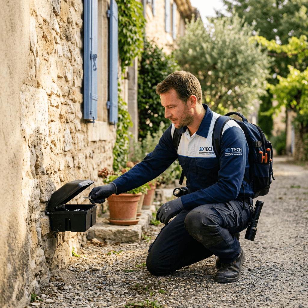 Technicien 3D-TECH installant un poste d'appâtage sécurisé contre les rongeurs