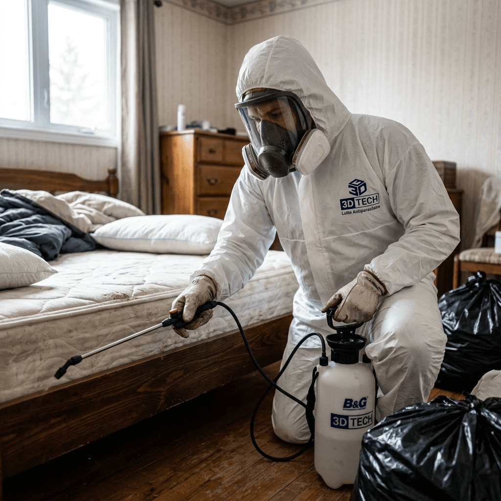 Technicien 3D-TECH en combinaison traitant une chambre contre les punaises de lit